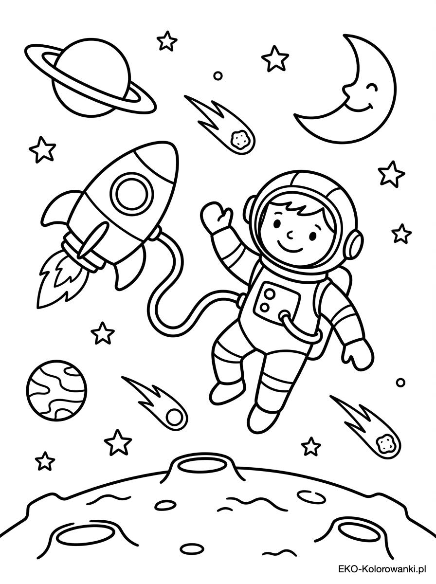 Astronauta obok rakiety w kosmosie kolorowanka