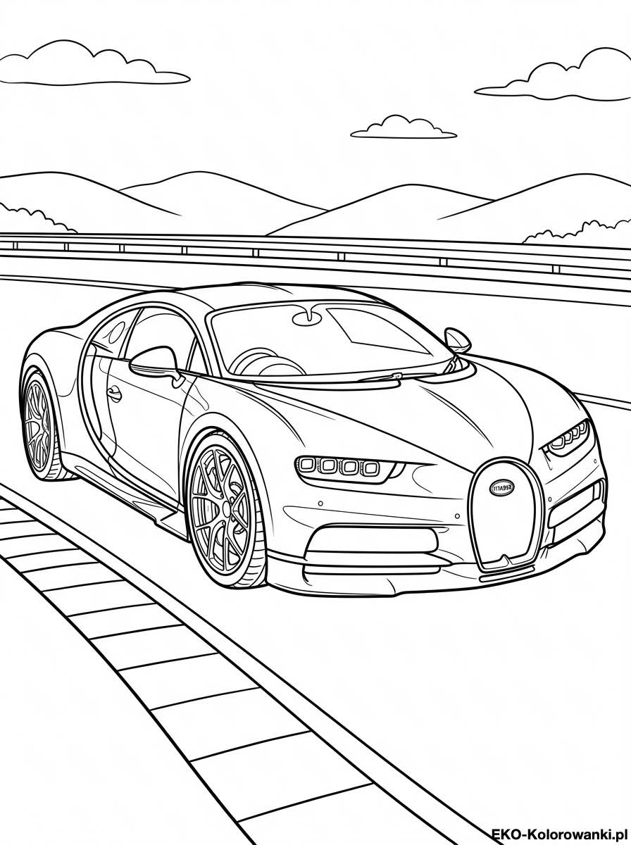 Kolorowanka - Bugatti chiron na torze z widokiem na gory