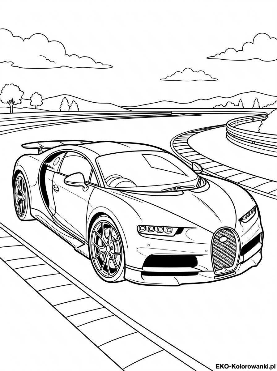 Kolorowanka - Bugatti chiron pokonywanie zakretu na szosie