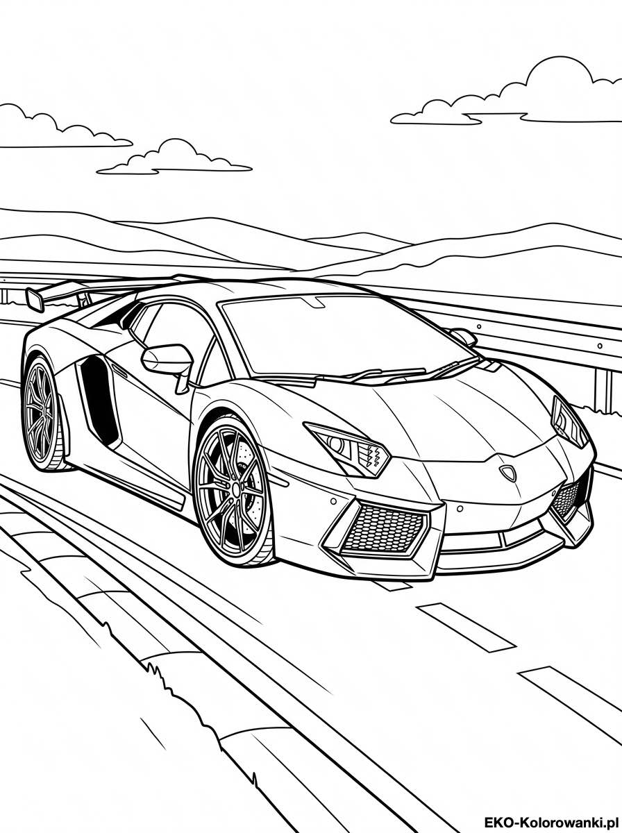 Kolorowanka - Lamborghini aventador na szosie wsrod wzgorz