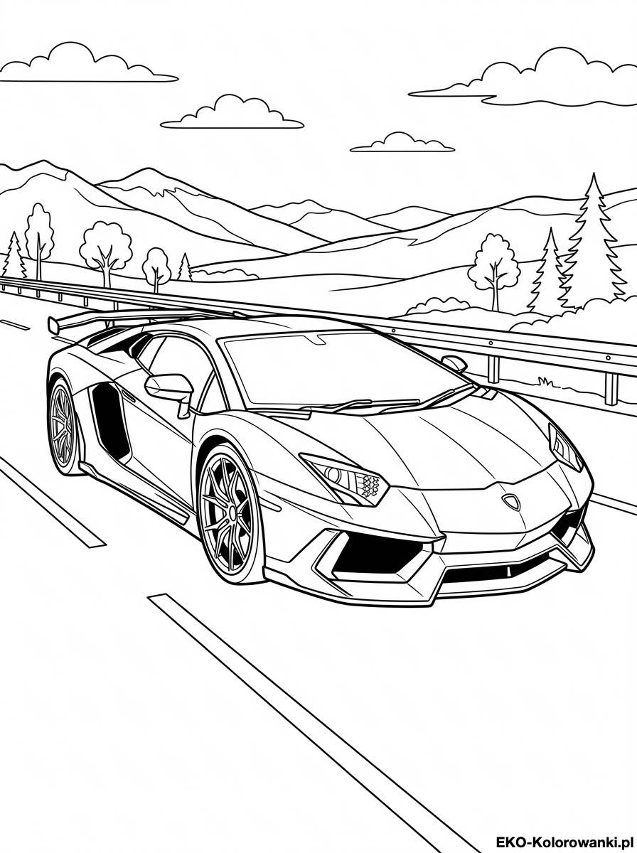 Kolorowanka - Lamborghini na gorskiej trasie z drzewami