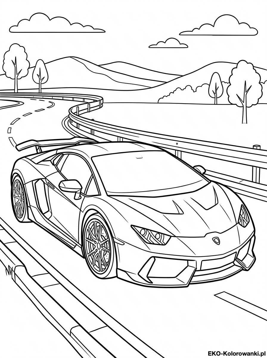 Kolorowanka - Lamborghini na kretej drodze miedzy wzgorzami