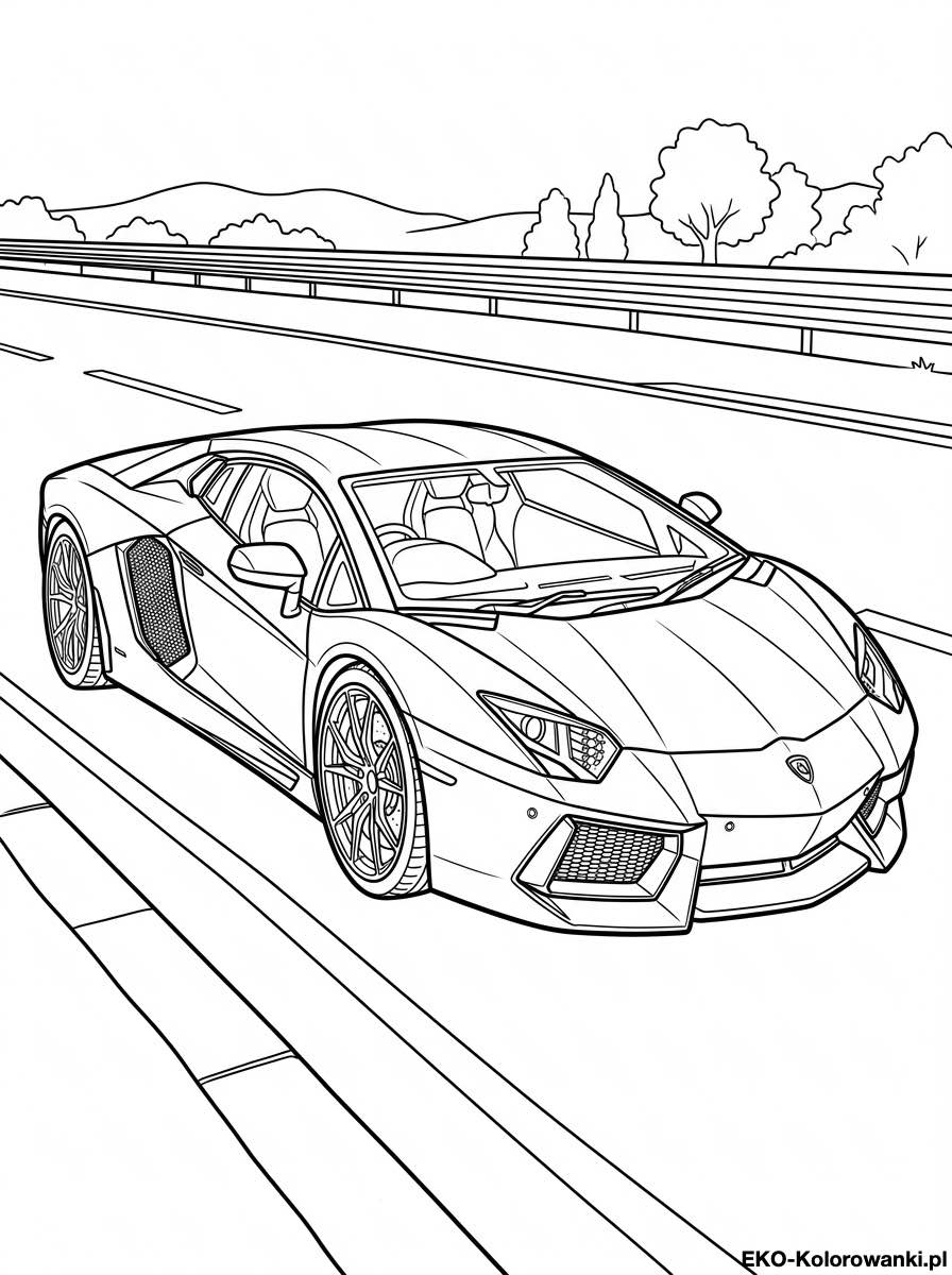 Kolorowanka - Lamborghini na prostej trasie z barierkami