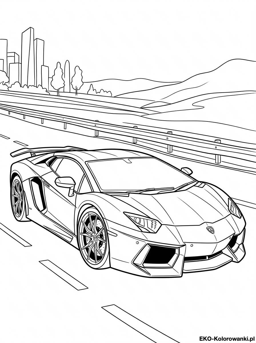 Kolorowanka - Lamborghini na szosie obok miejskich budynkow