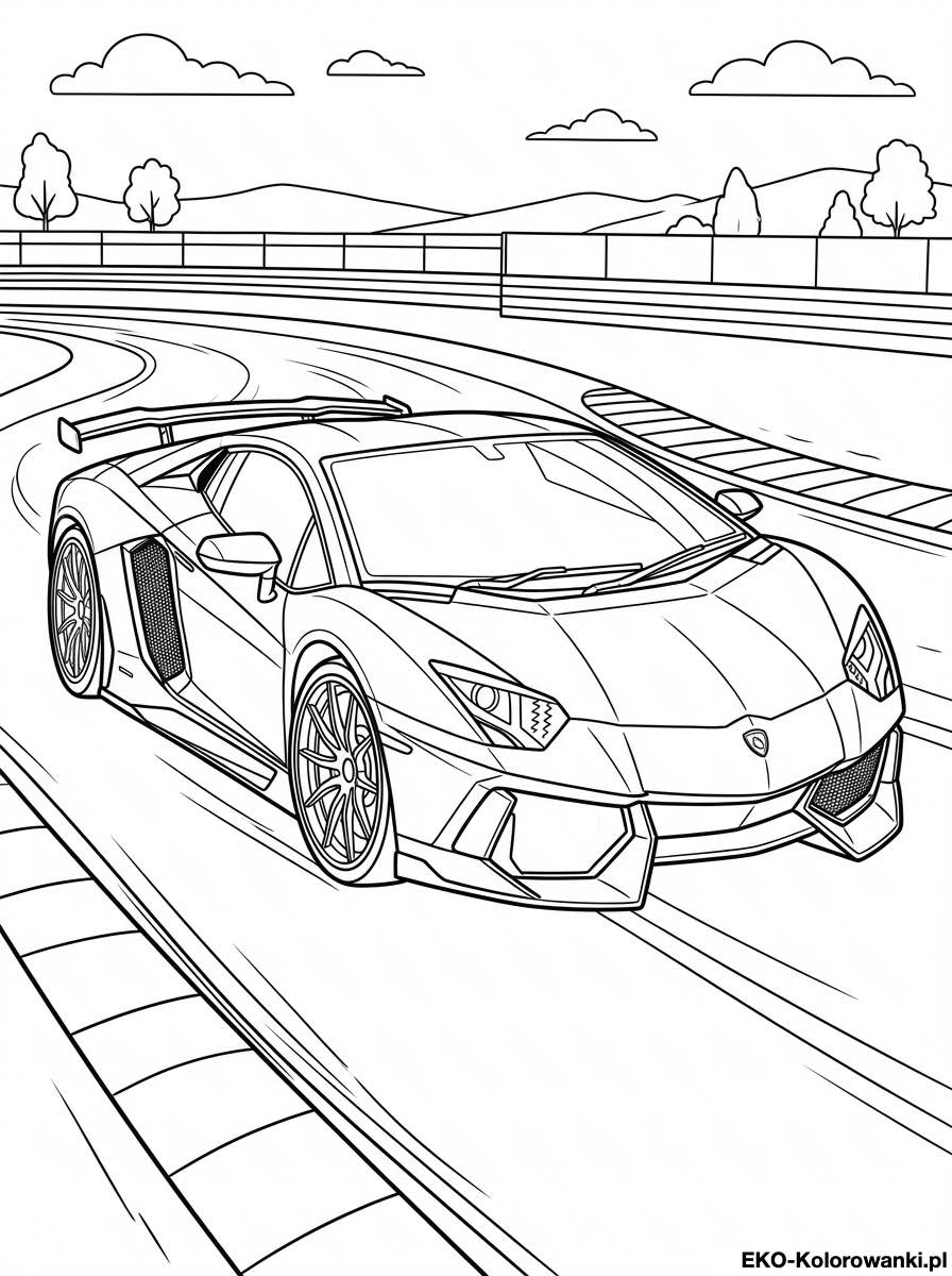 Kolorowanka - Lamborghini ze spojlerem na torze wyscigowym