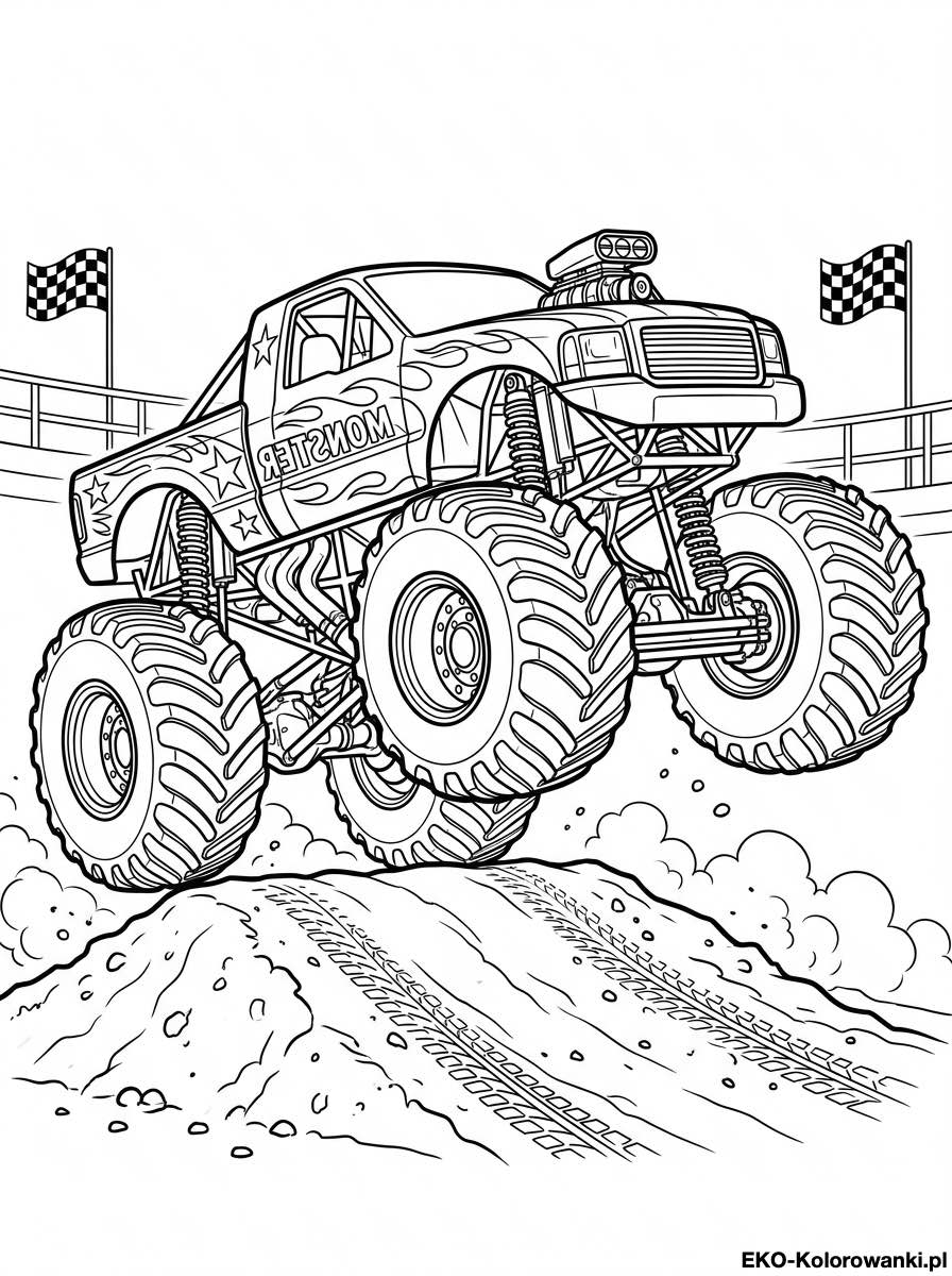 Kolorowanka - Monster truck leci nad ziemnym pagorkiem
