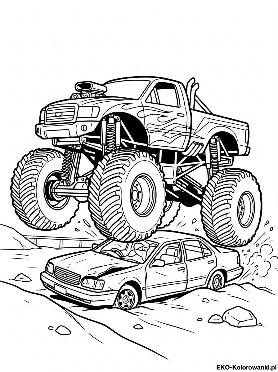 Kolorowanka - Monster truck miazdzy osobowe auto na torze
