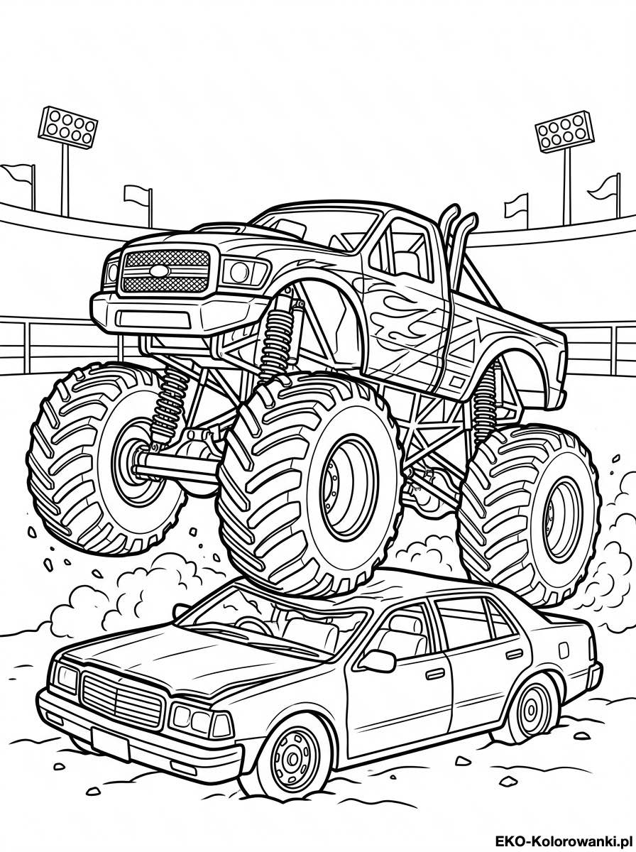 Kolorowanka - Monster truck najezdza na dach sedana