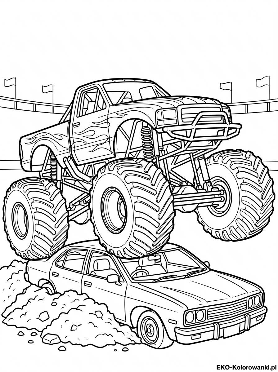 Kolorowanka - Monster truck przejezdza po dachu osobowki