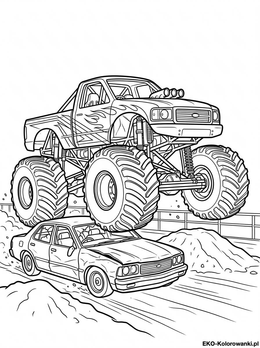 Kolorowanka - Monster truck przeskakuje nad samochodem osobowym