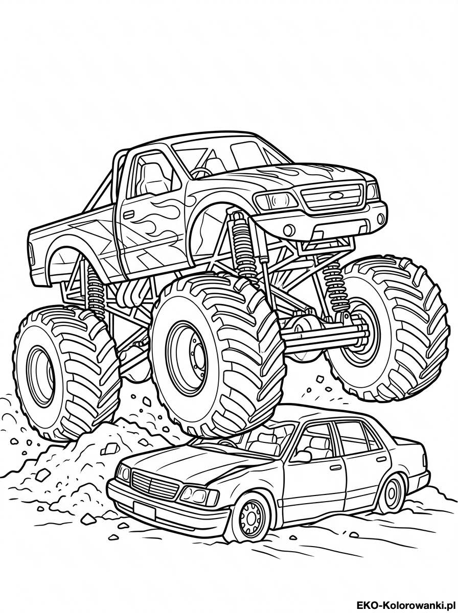 Kolorowanka - Monster truck przygniata auto na pokazie
