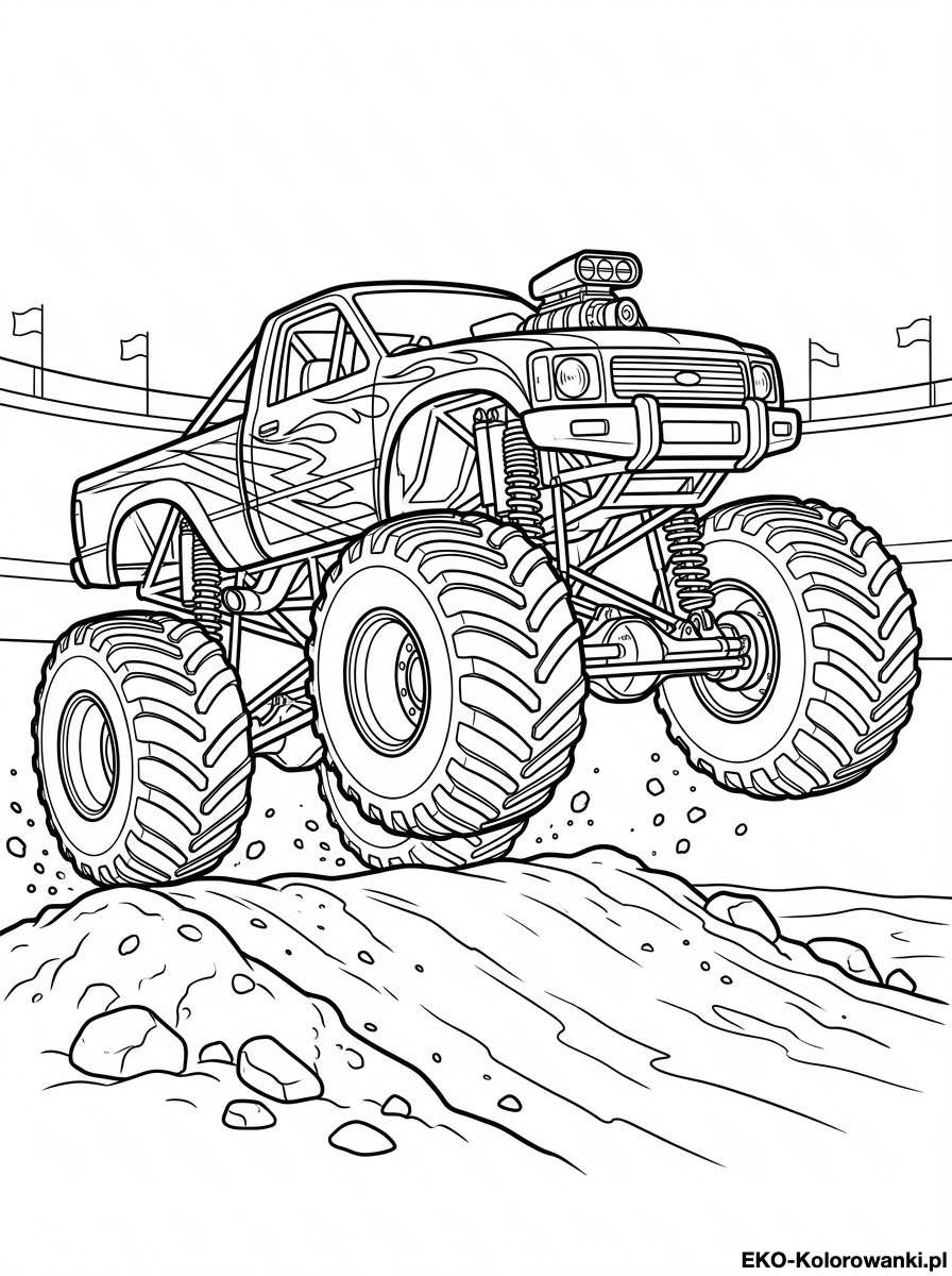 Kolorowanka - Monster truck skacze nad kamienista przeszkoda