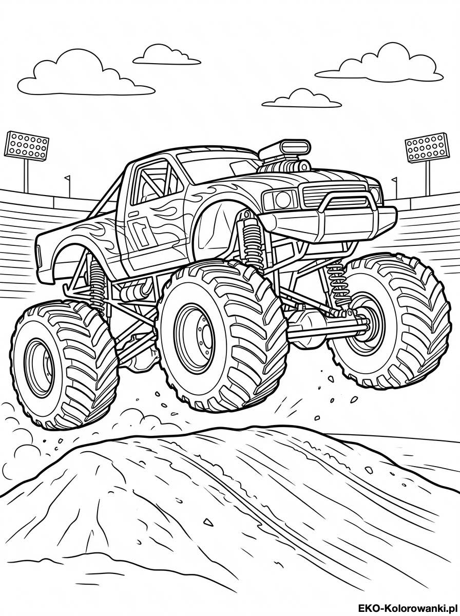 Kolorowanka - Monster truck skok na stadionie z reflektorami