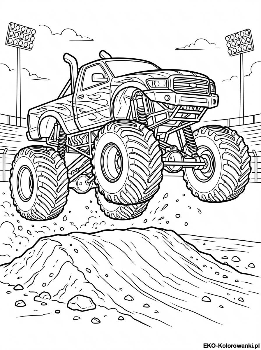 Kolorowanka - Monster truck skok nad rampa z piasku
