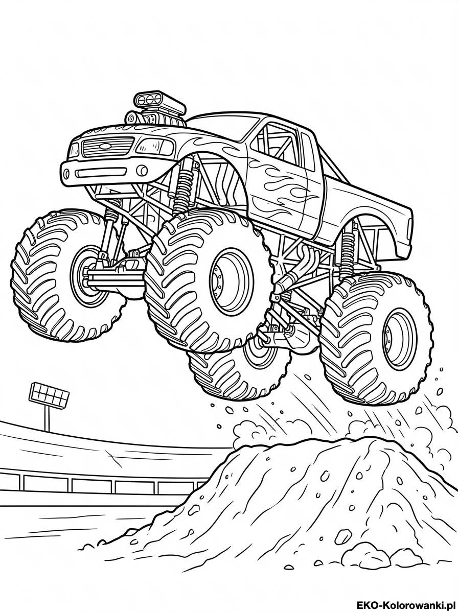 Kolorowanka - Monster truck wyskok nad stroma ziemna rampa