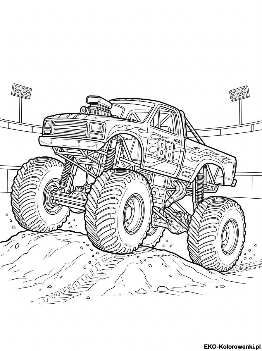 Kolorowanka - Monster truck z numerem 88 na ziemnej przeszkodzie
