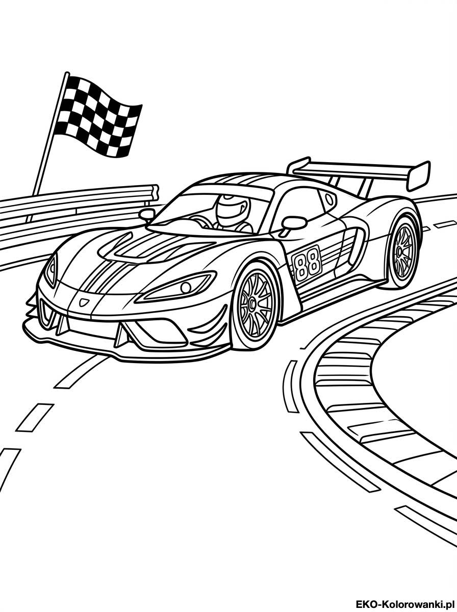 Kolorowanka - Sportowe auto gt przy fladze finiszowej