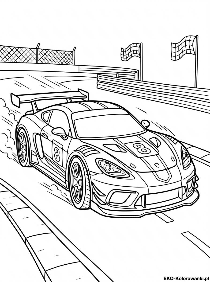 Kolorowanka - Sportowe auto z numerem 8 przy bandach