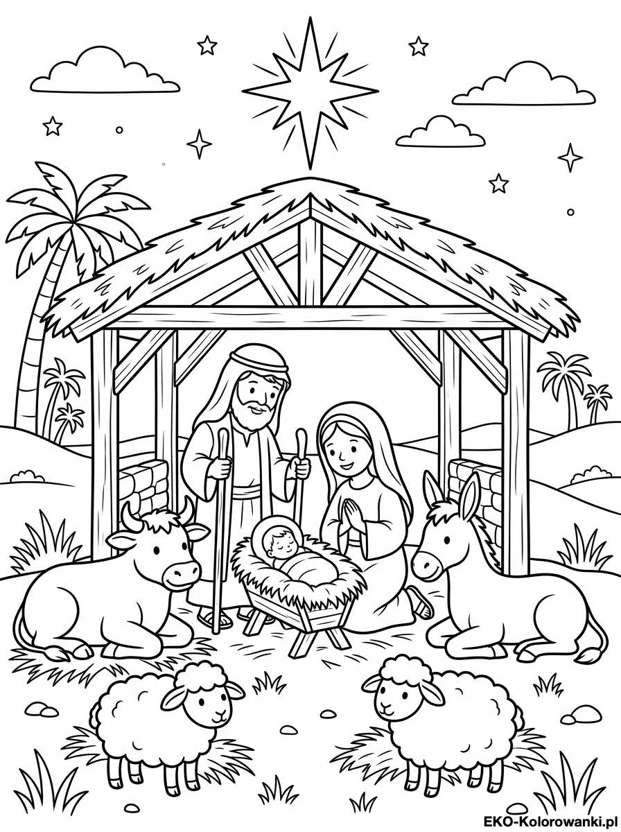 Kolorowanka - Betlejemska stajenka pod gwiazda z owieczkami i palmami