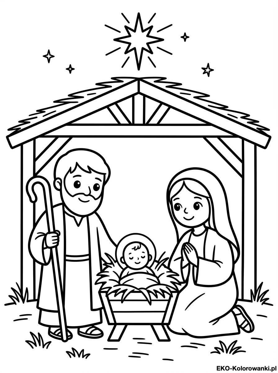 Kolorowanka - Dzieciatko jezus w zlobku maryja i jozef w stajence