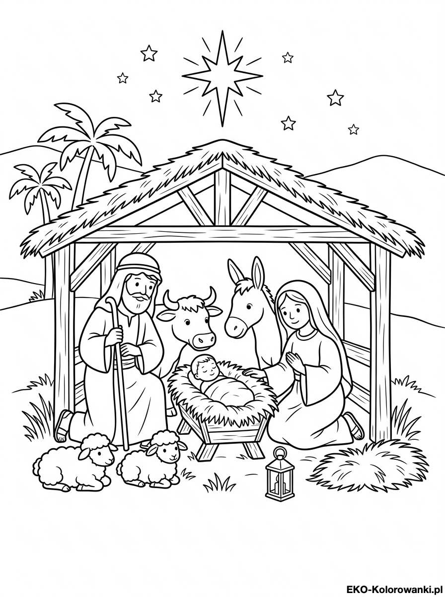 Kolorowanka - Maryja jozef i jezus w stajence z wieloma owieczkami