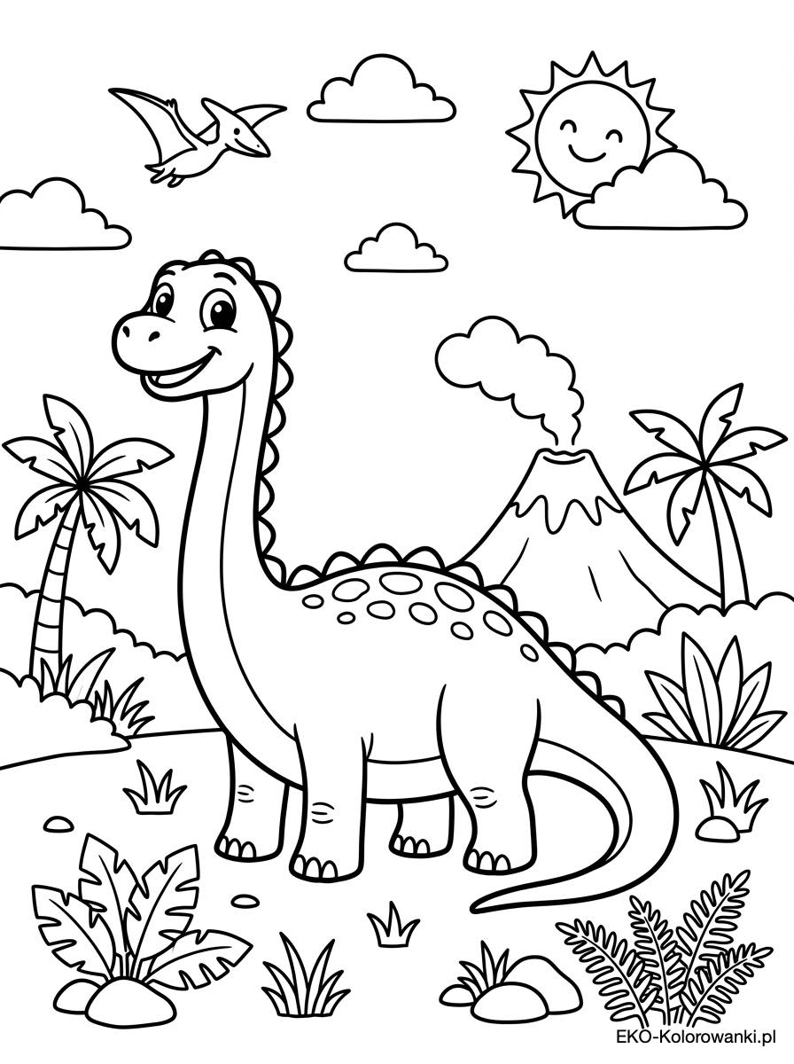Dinozaur i pterozaur przy wulkanie kolorowanka