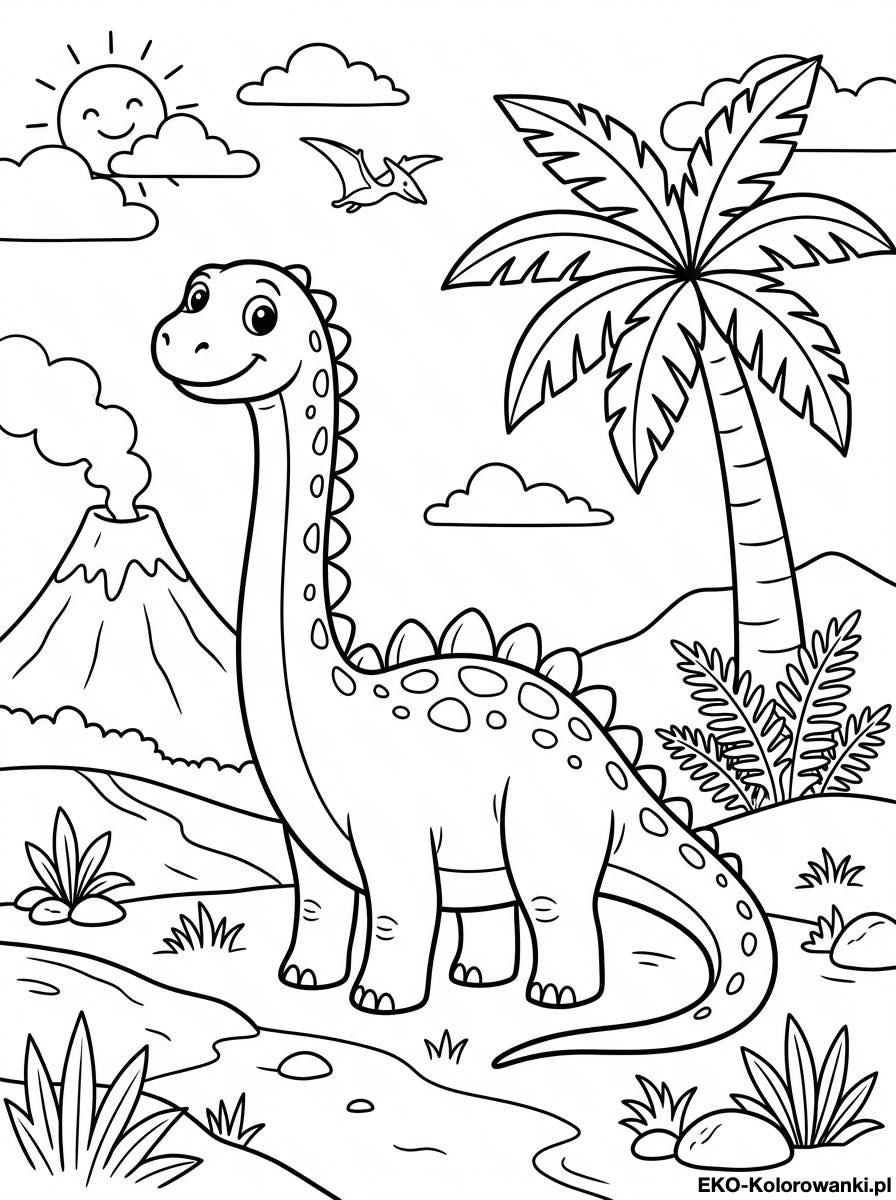 Kolorowanka - Dlugoszyi dinozaur obok rzeki i palmy