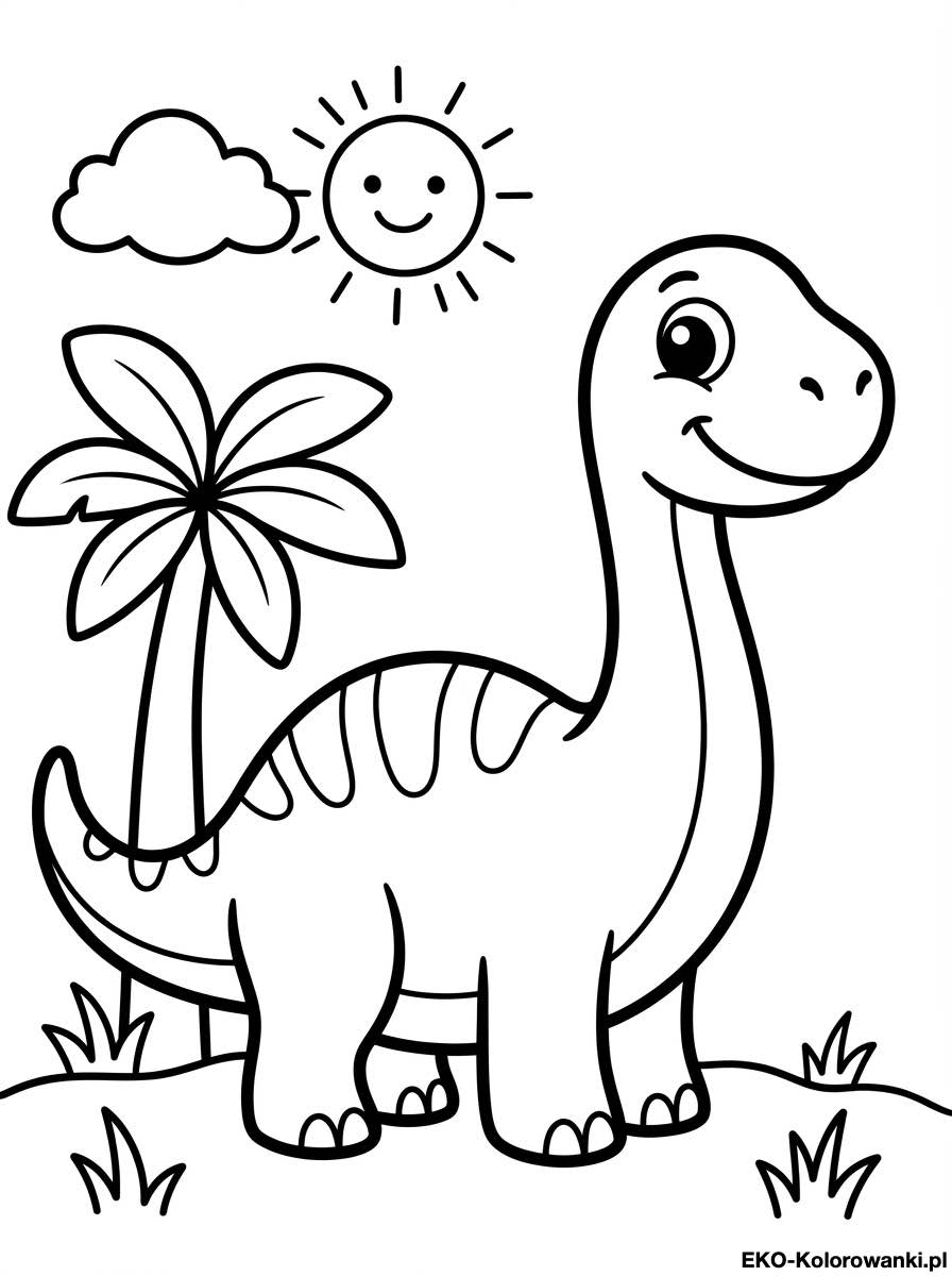 Kolorowanka - Dlugoszyi dinozaur pod usmiechnietym sloncem