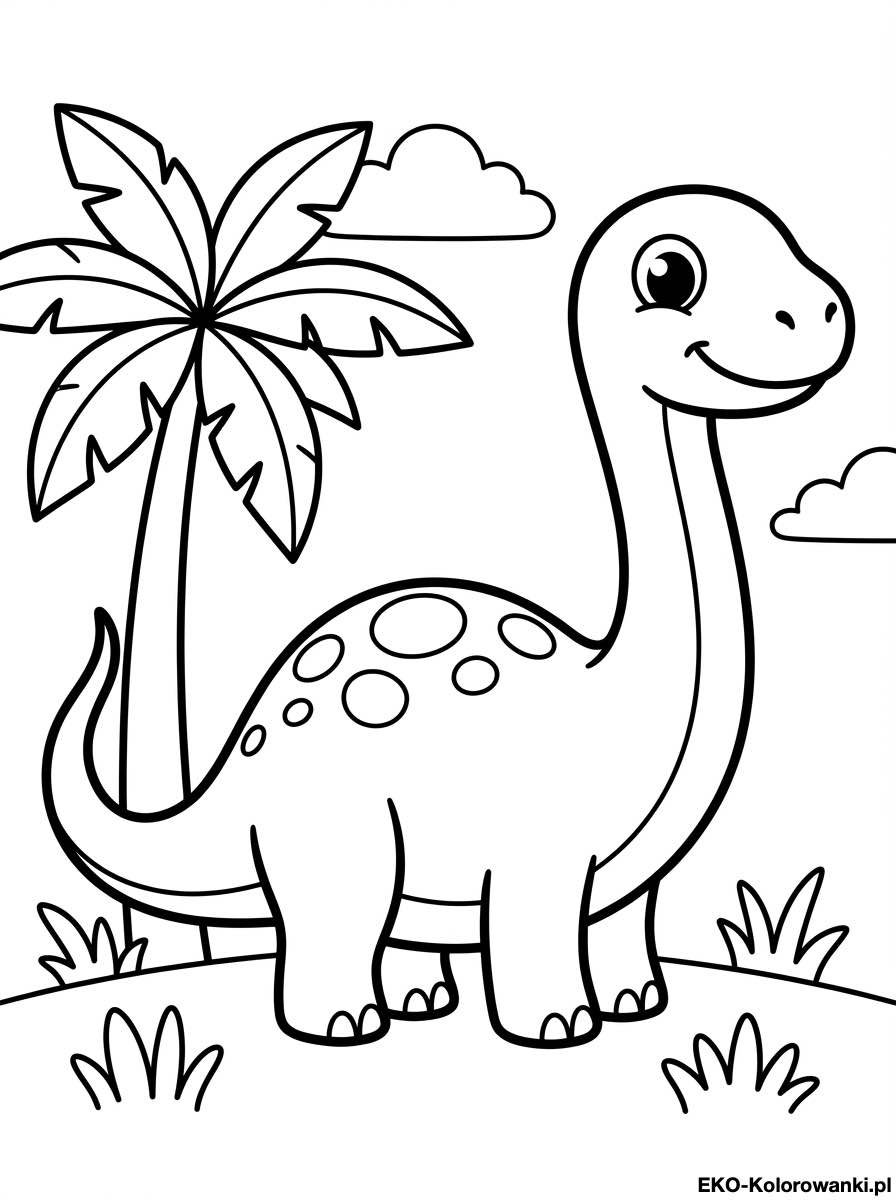 Kolorowanka - Dlugoszyi dinozaur przy duzej tropikalnej palmie