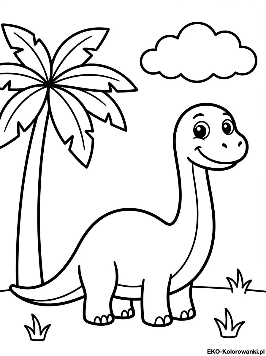 Kolorowanka - Dlugoszyi dinozaur przy wysokiej palmie