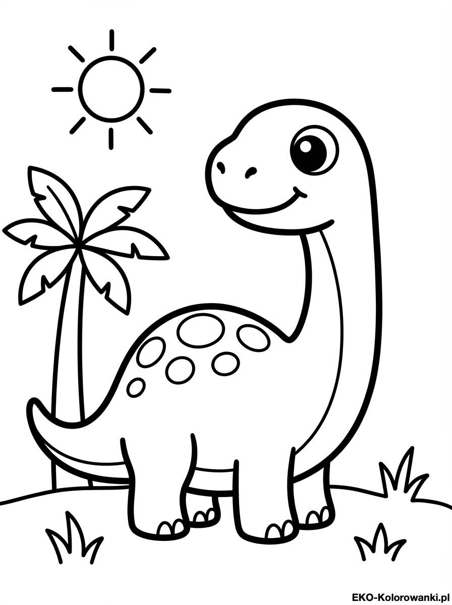 Kolorowanka - Dlugoszyi dinozaur w plamki przy palmie