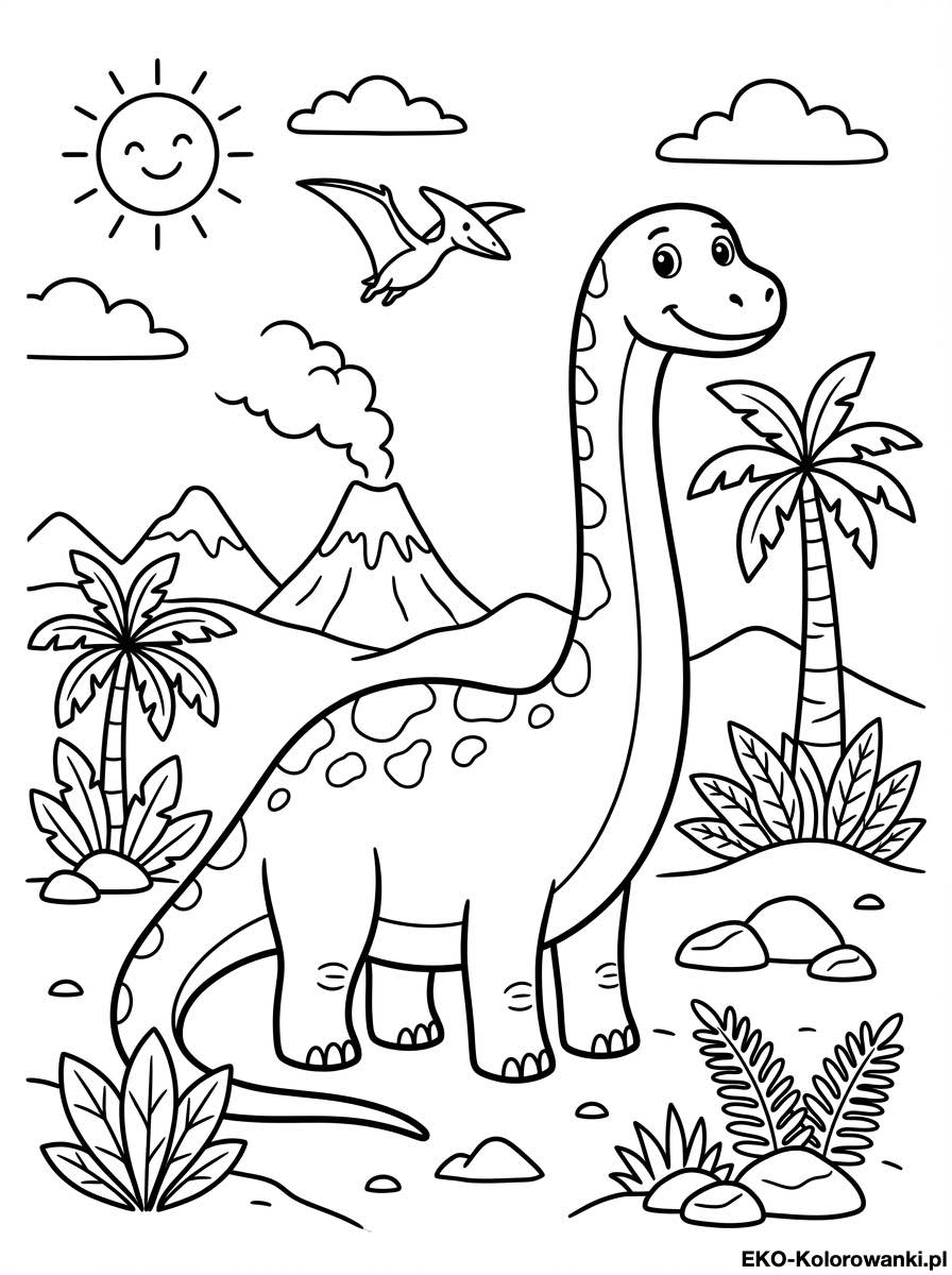 Kolorowanka - Dlugoszyi dinozaur wsrod palm i wulkanow