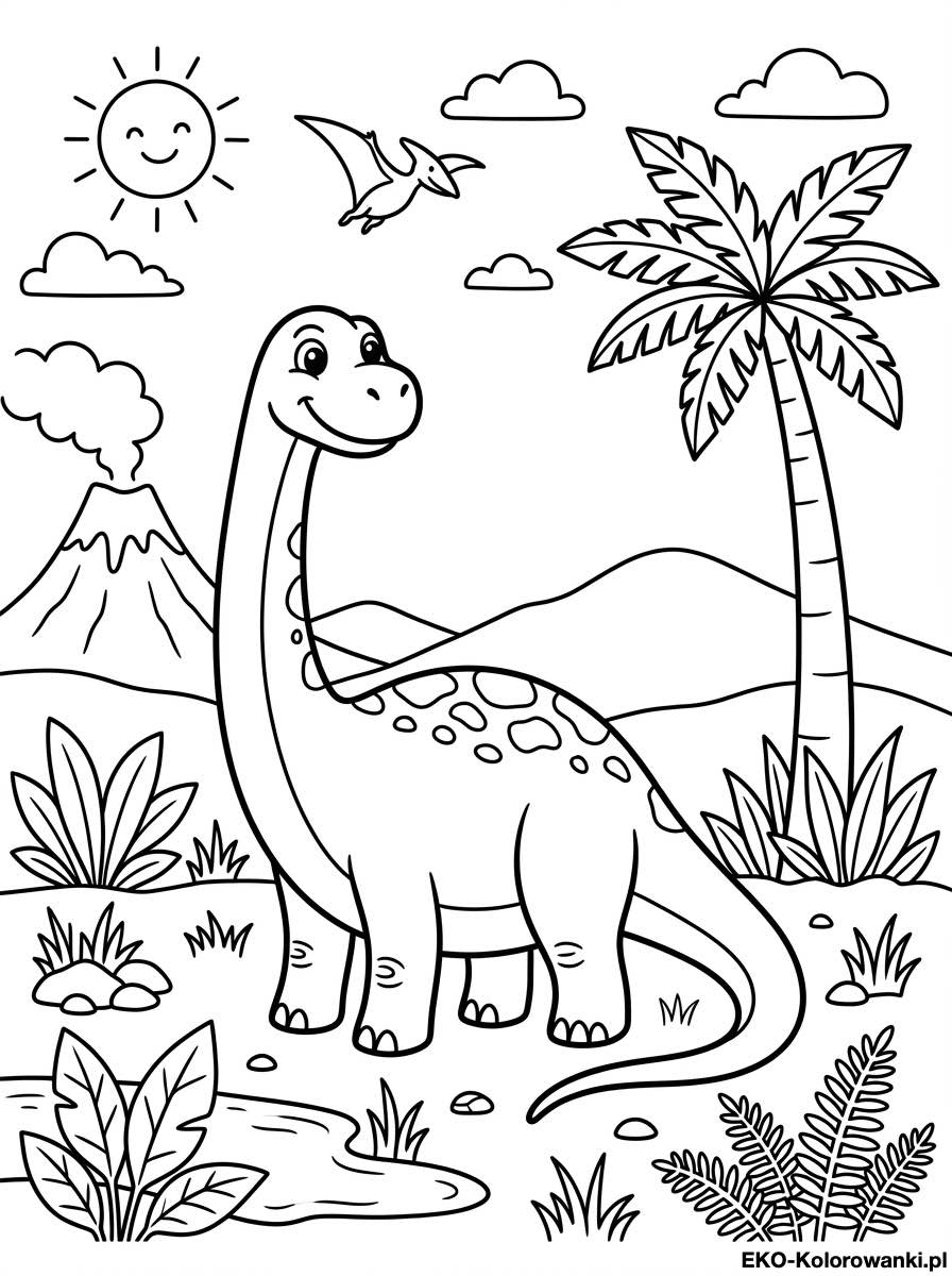 Kolorowanka - Dlugoszyi dinozaur z palma pod usmiechnietym sloncem