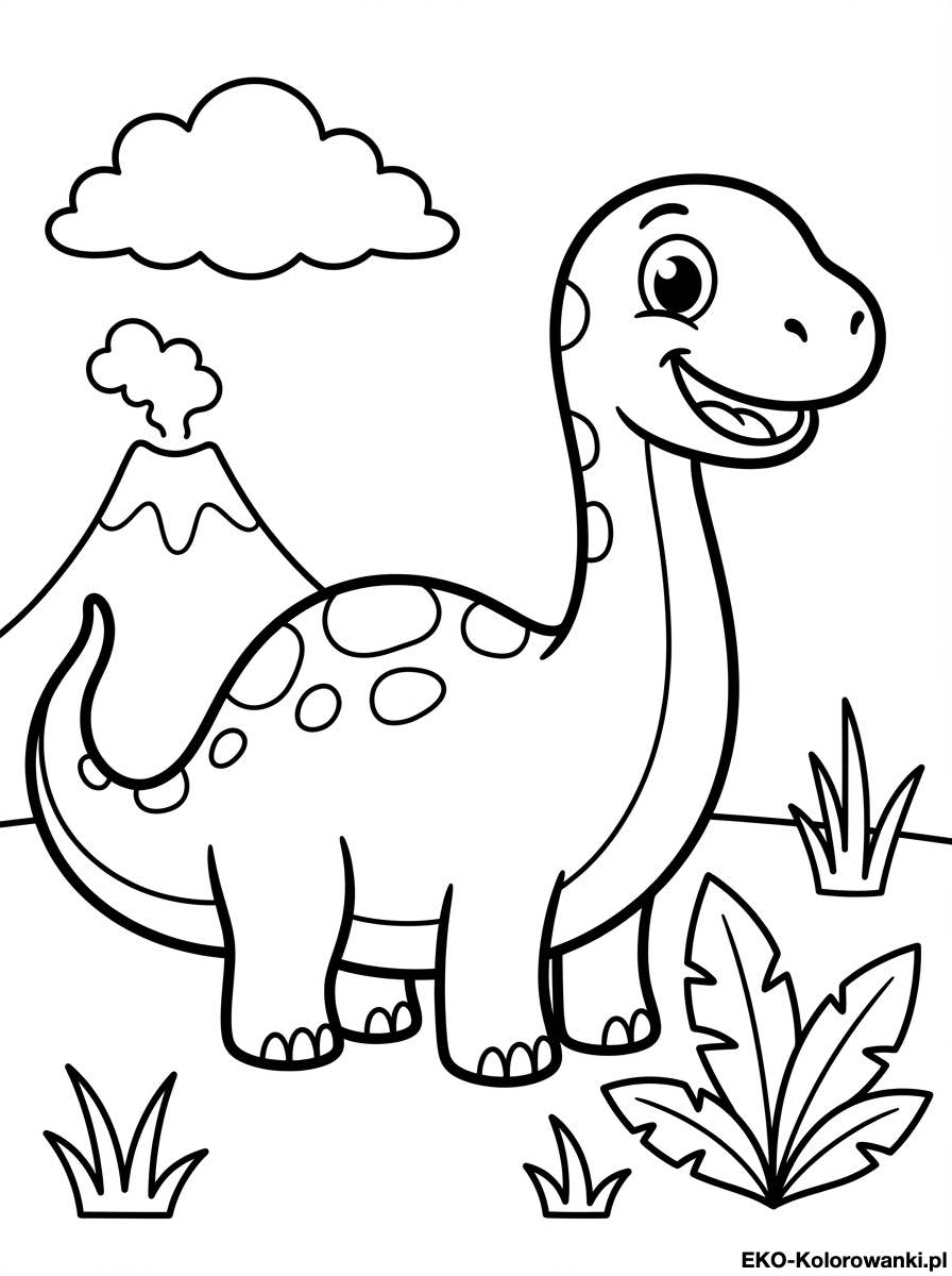 Kolorowanka - Dlugoszyi dinozaur z plamkami przed wulkanem