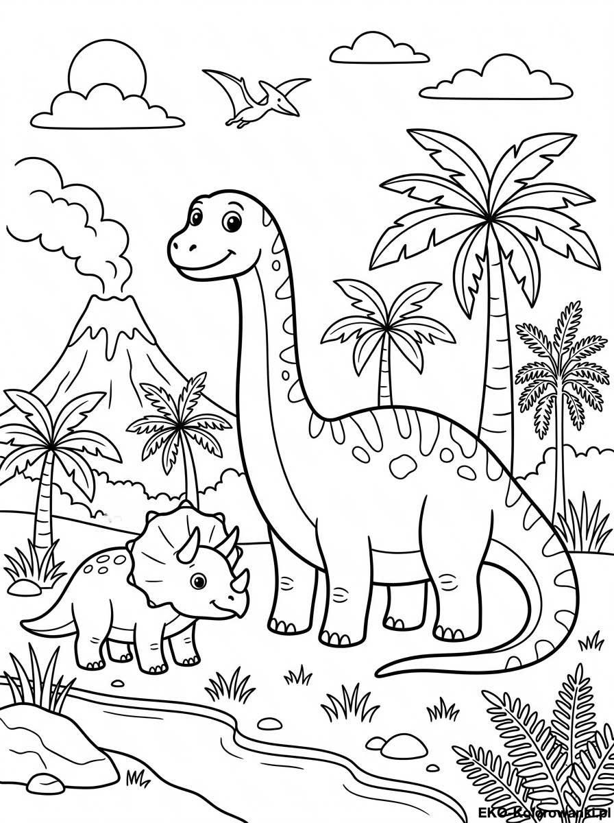 Kolorowanka - Duzy dinozaur i maly triceratops nad strumykiem