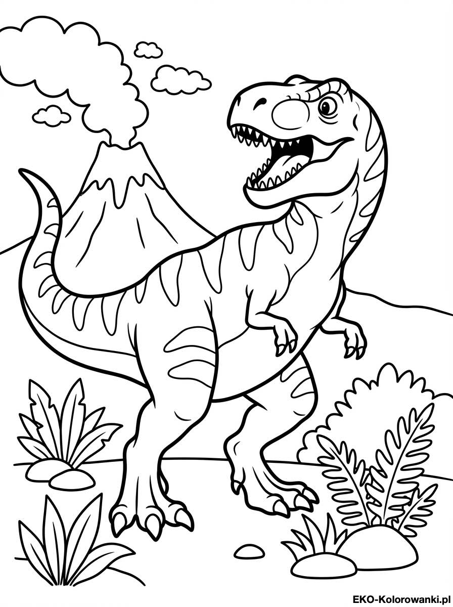 Kolorowanka - Grozny tyranozaur z otwarta paszcza przy wulkanie