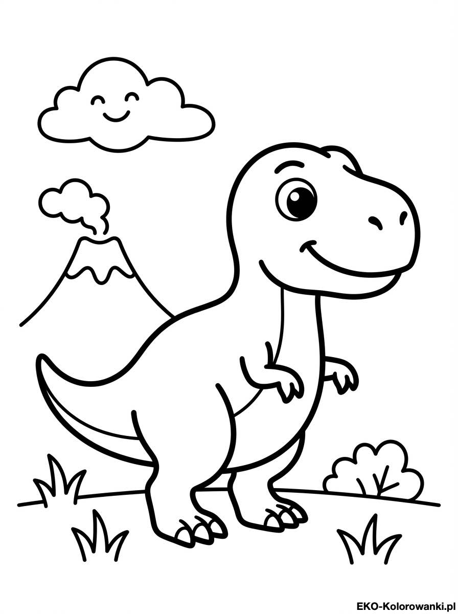 Kolorowanka - Malutki dinozaur pod usmiechnieta chmurka