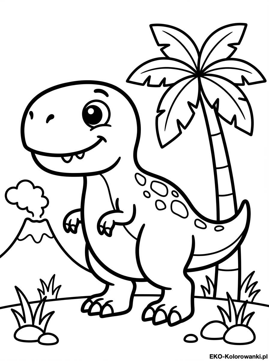 Kolorowanka - Maly dinozaur z plamkami obok palmy