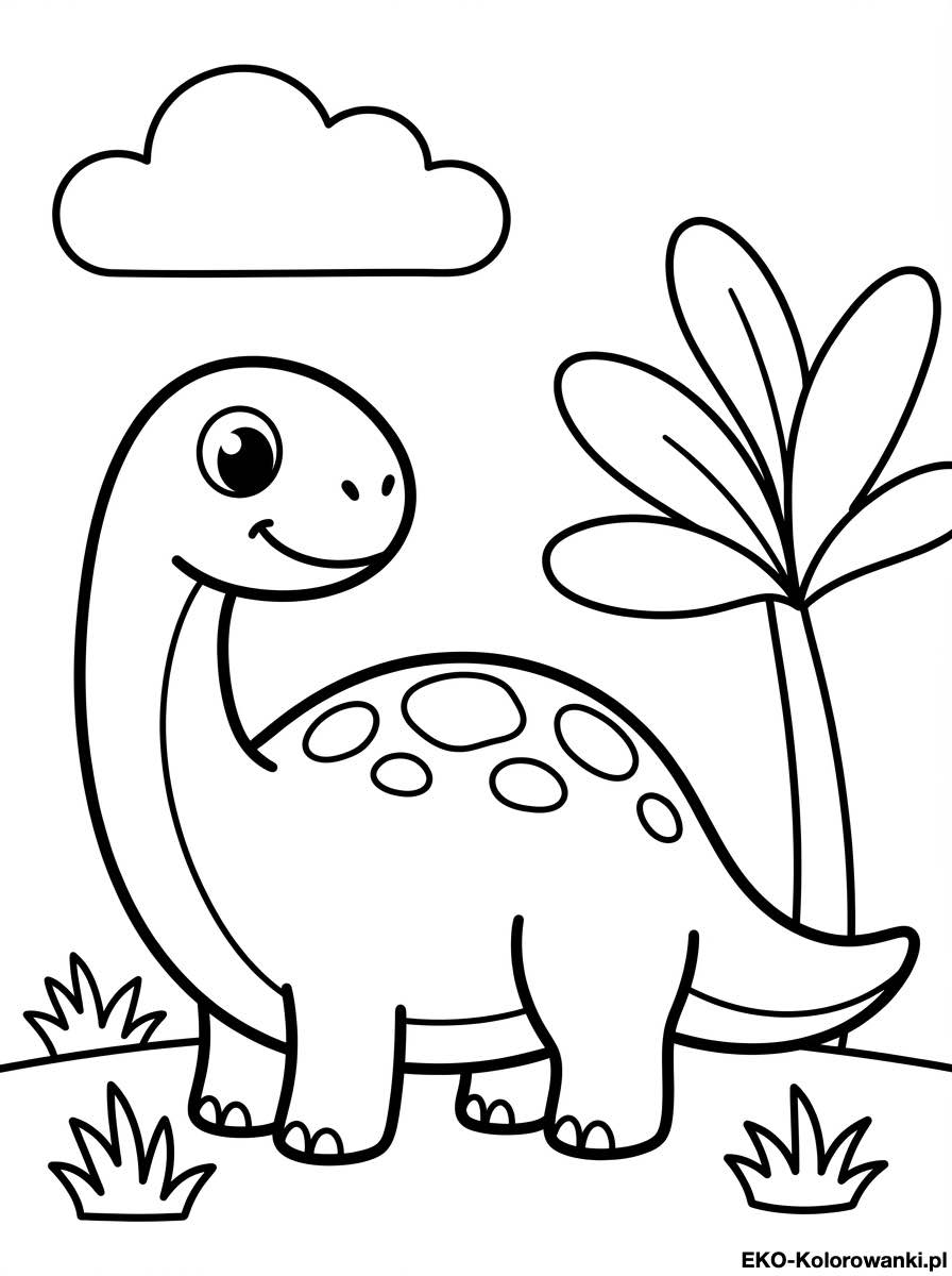 Kolorowanka - Maly dlugoszyi dinozaur obok tropikalnego drzewa