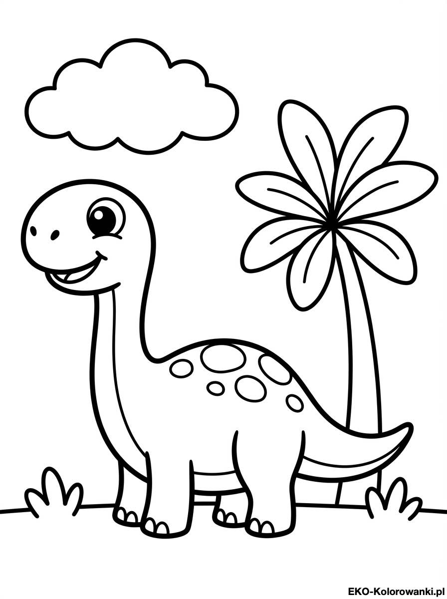 Kolorowanka - Maly dlugoszyi dinozaur z plamkami obok palmy
