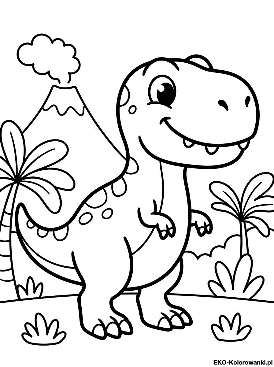 Kolorowanka - Maly tyranozaur wsrod palm i wulkanow