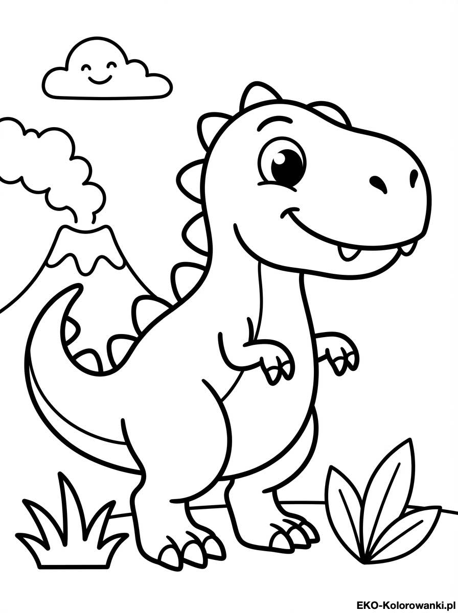 Kolorowanka - Maly usmiechniety tyranozaur przy wulkanie