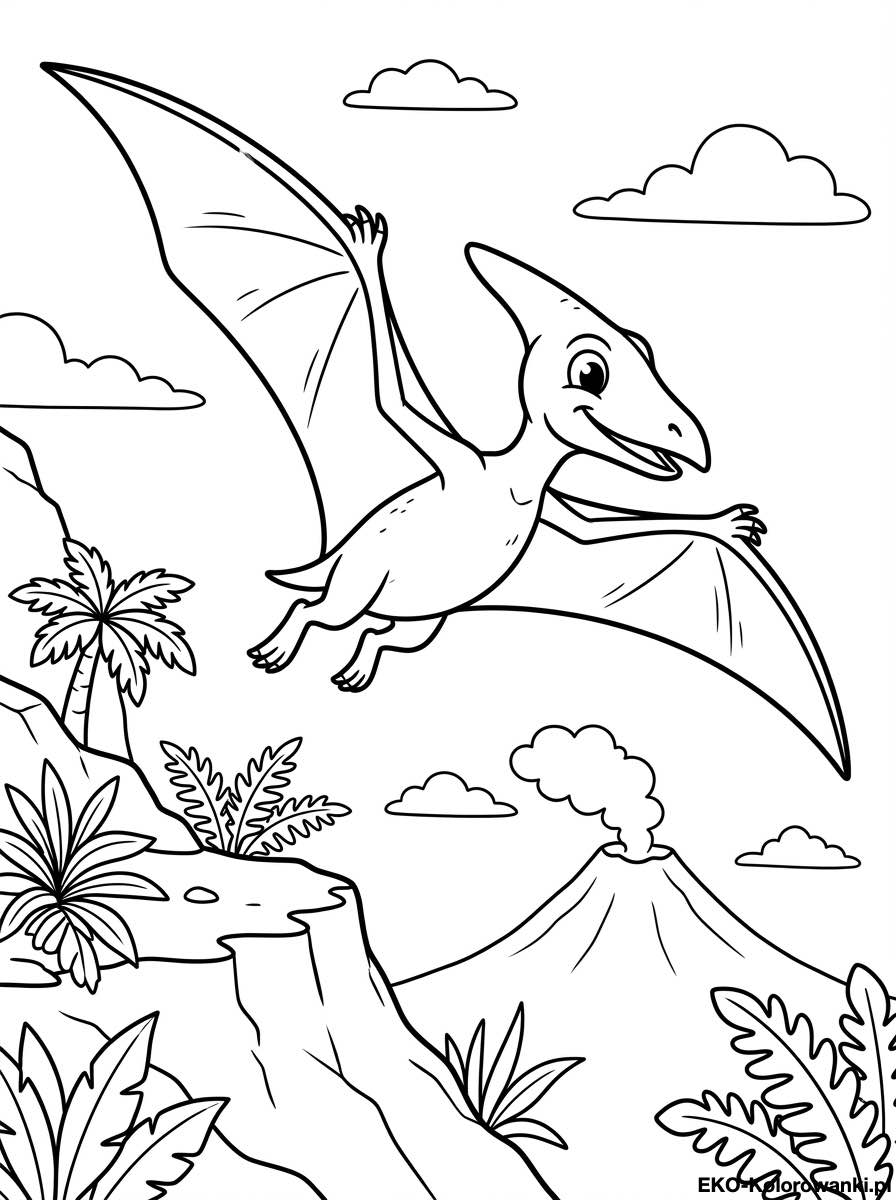 Kolorowanka - Pterodaktyl lecacy nad wulkaniczna kraina