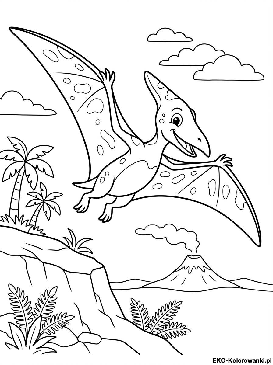 Kolorowanka - Pterodaktyl nad dolina z palmami