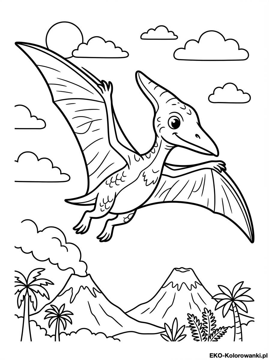 Kolorowanka - Pterodaktyl nad dwoma dymiacymi wulkanami