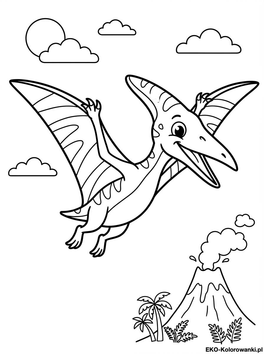 Kolorowanka - Pterodaktyl nad wulkanem i palmami