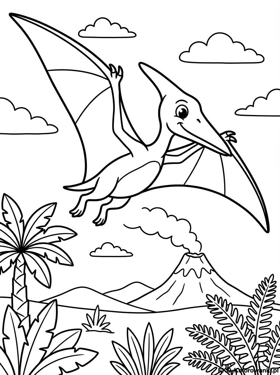 Kolorowanka - Pterodaktyl szybujacy nad palma i gorami