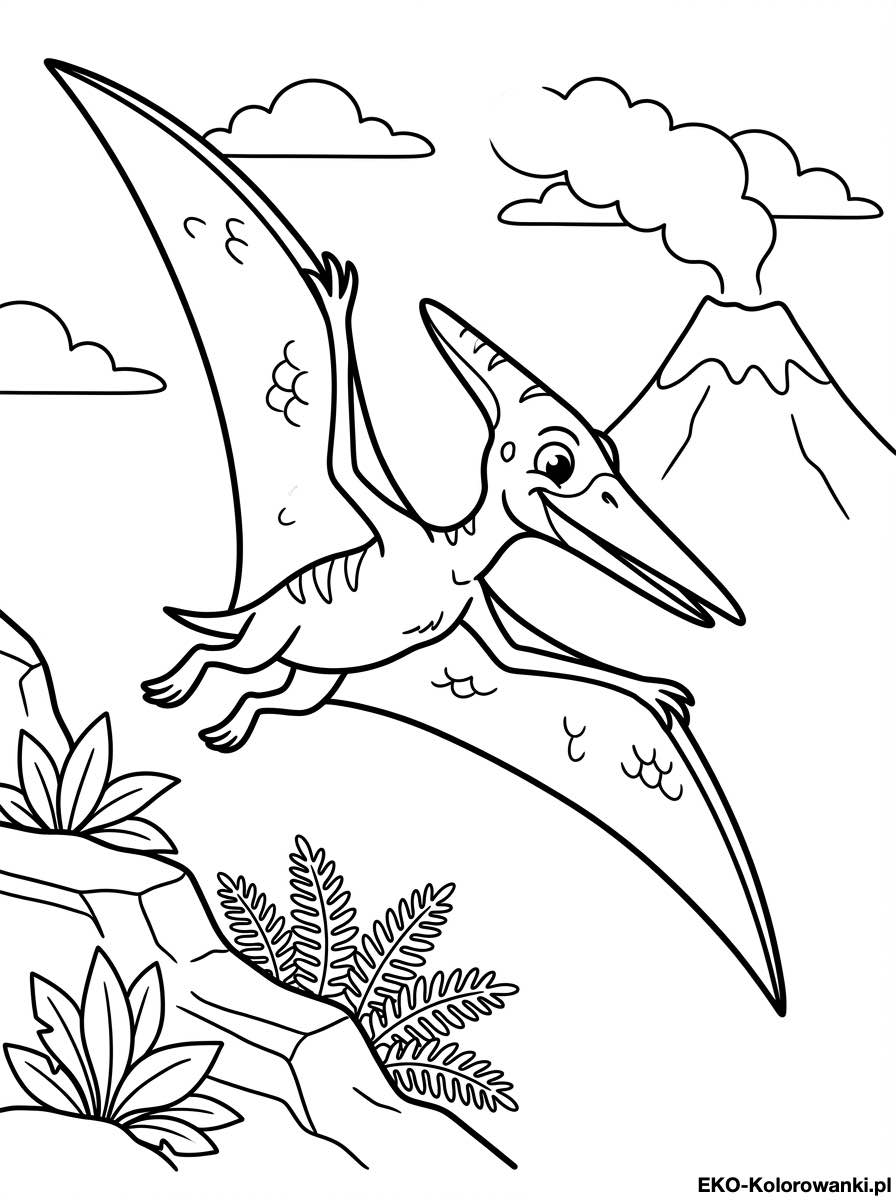 Kolorowanka - Pterodaktyl szybujacy nad skalami