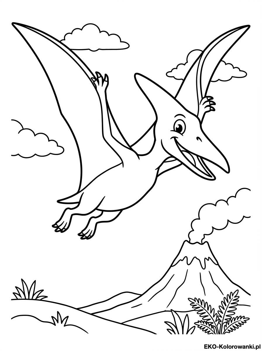 Kolorowanka - Pterodaktyl w locie obok dymiacego wulkanu
