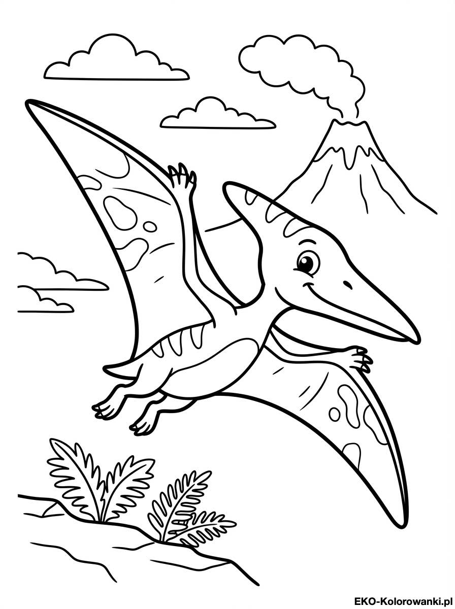 Kolorowanka - Pterodaktyl z nakrapianymi skrzydlami nad paprociami